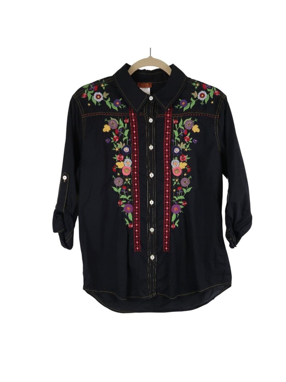 Scully L Black Embroidered Floral Western Shirt Button Front Roll Tab Sleeves